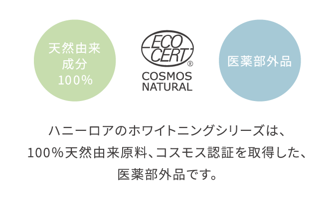 ハニーロアのホワイトニングシリーズは、100%天然由来原料、コスモス認証を取得した、医薬部外品です。
