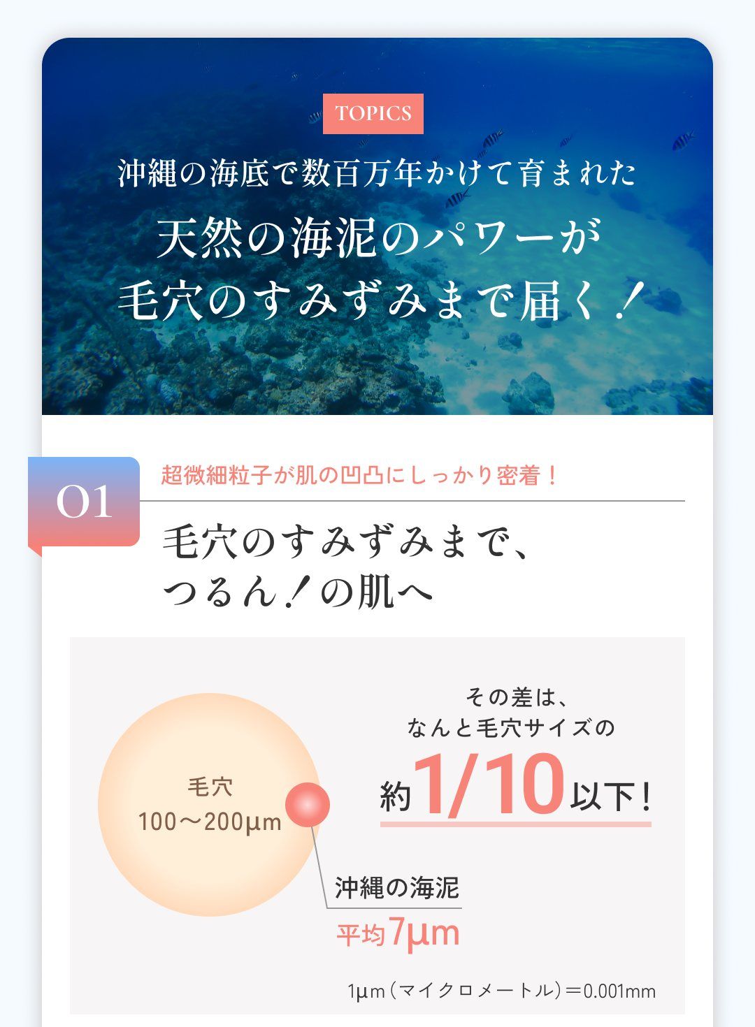 TOPICS 沖縄の海底で数百万年かけて育まれた天然の海泥のパワーが毛穴のすみずみまで届く！ 01 超微細粒子が肌の凹凸にしっかり密着！ 毛穴のすみずみまで、つるん！の肌へ