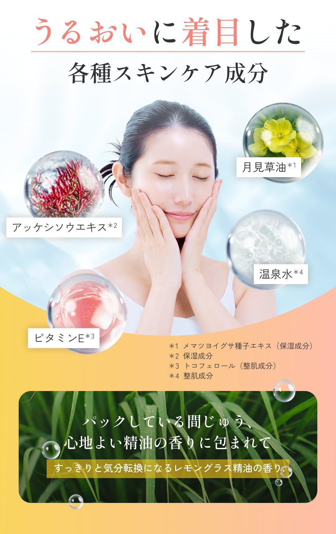 うるおいに着目した各種スキンケア成分 月見草油／アッケシソウエキス／温泉水／ビタミンE。パックしている間じゅう、心地よい精油の香りに包まれて