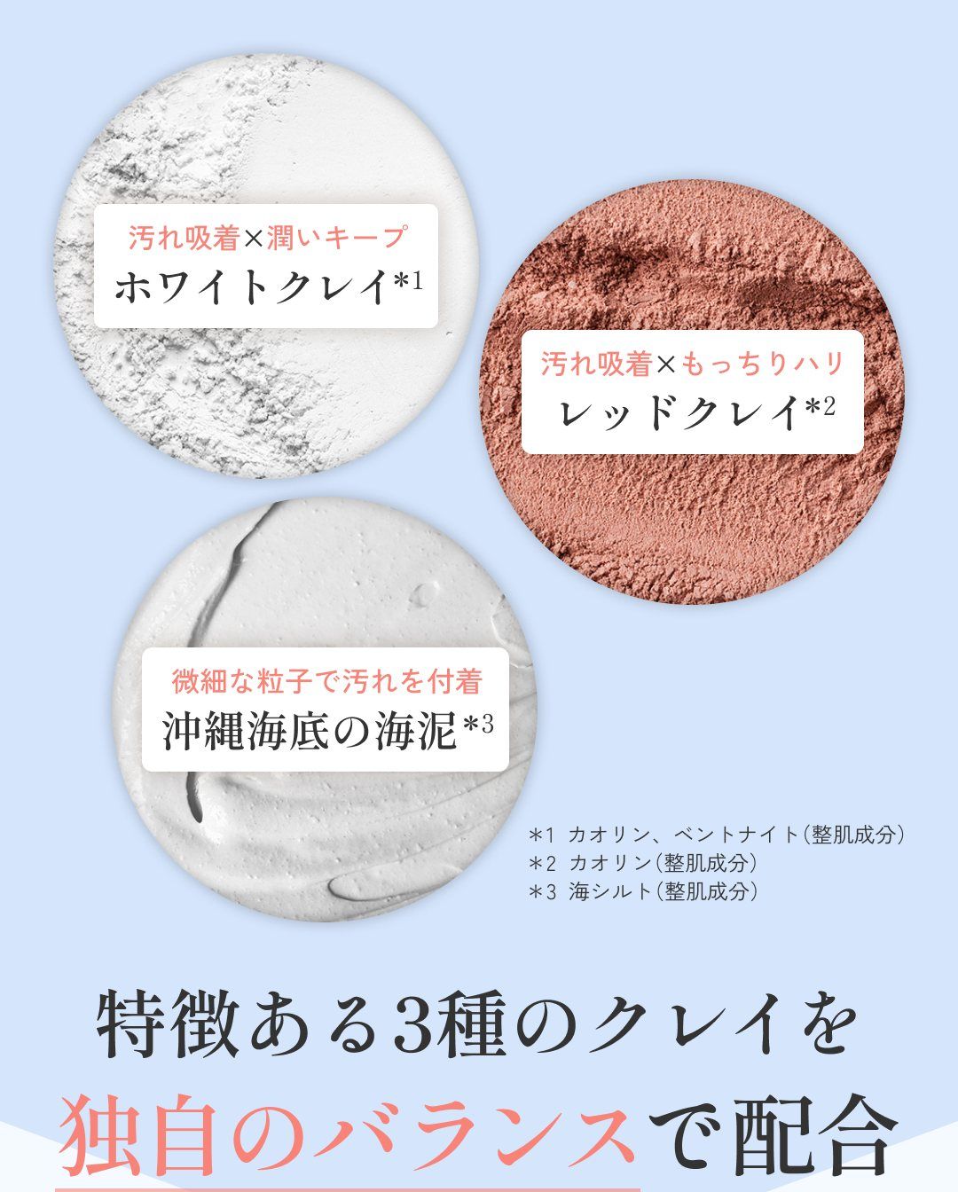 落とす＋うるおす＋整える 3つの機能をいいとこどり！ どうして3つの機能を同時に叶えられるの？ ホワイトクレイ／レッドクレイ／沖縄海底の海泥