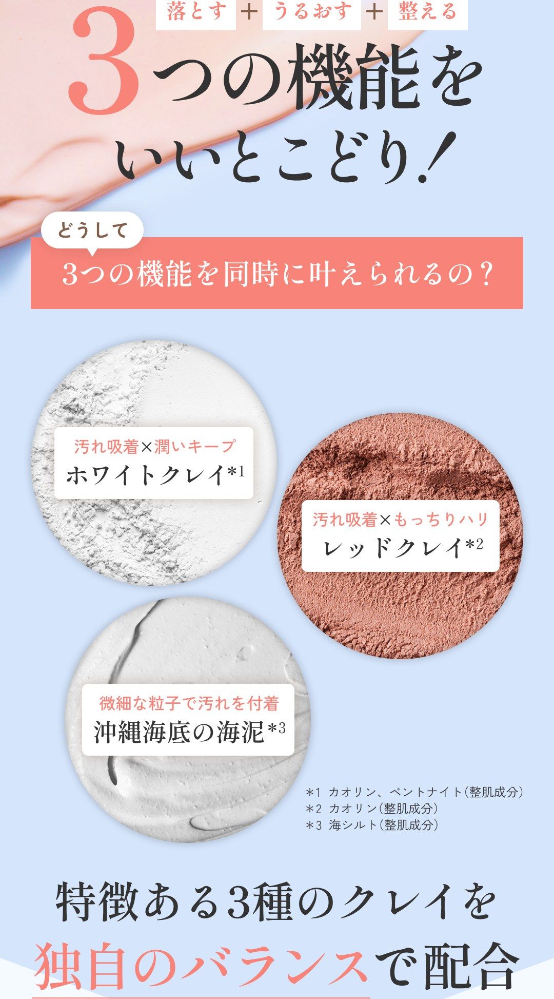 落とす＋うるおす＋整える 3つの機能をいいとこどり！ どうして3つの機能を同時に叶えられるの？ 汚れ吸着×潤いキープ ホワイトクレイ／汚れ吸着×もっちりハリ レッドクレイ／微細な粒子で汚れを付着 沖縄海底の海泥 特徴ある3種のクレイを独自のバランスで配合